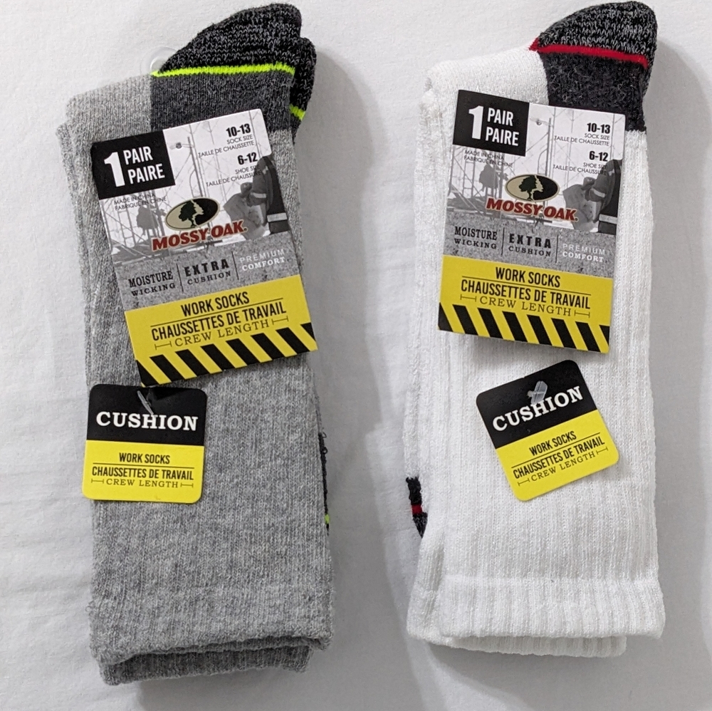 Mossy Oak Men's Crew Length Work Socks, 2 Pairs, Shoe Size:6-12, New With Tag